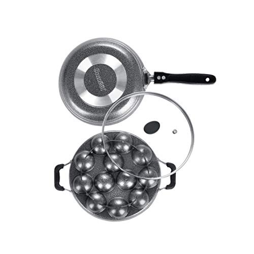 Sumeet NonStick Striebro Cookware Set (Tapper pan - 0.6Ltr - 20Cm Dia + Grill Appam Patra with Glass Lid - 12 Cavity - 22cm Dia)