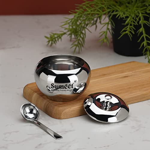 Sumeet Stainless Steel Ghee and Oil Pot, Storage Conrainer with Spoon for Kitchen, 8.5cm Dia, 230ML - Silver (Pack of 1)