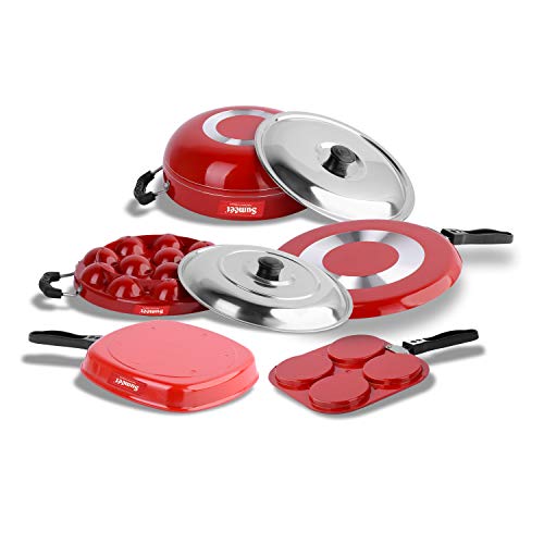 Sumeet 2.6mm Thick Non-Stick Dearg Cookware Set (Dosa Tawa – 26.5cm Dia + Mini Multi Snack Maker – 19.5cm Dia + Kadhai with Lid – 1.5Ltr + Grill Appam Patra with Lid – 23cm Dia + Grill Pan – 1.1Ltr)