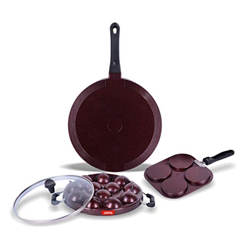 Sumeet Zorro Aluminium Mini Multi Snack Maker, Grill Appam Patra With Lid, Tawa, 3 Piece (Peach)