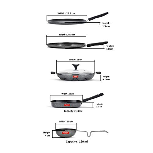 Sumeet NonStick Negru Cookware Set(Dosa Tawa-26.5Cm Dia+Multi Snack Maker-7 Cavity-26.5Cm Dia+Grill Appam Patra with Glass Lid-12 Cavity-22cm Dia+Grill Pan-22cm Dia+Tadka pan-190Ml-10Cm Dia)