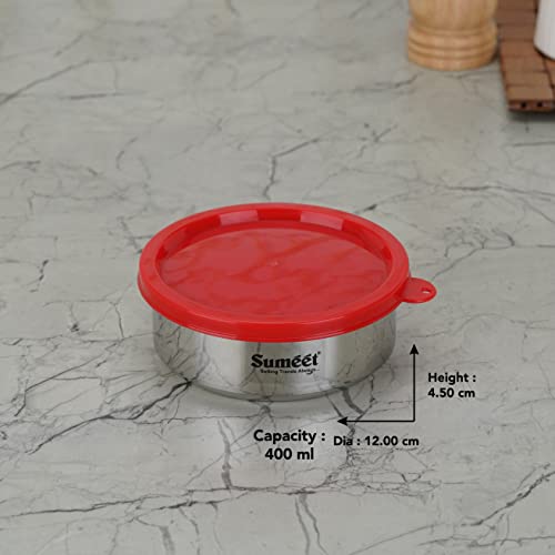 Sumeet Stainless Steel Airtight & Leak Proof Food Storage Container, 400ML, 12CM, Pack of 4PC, Silver