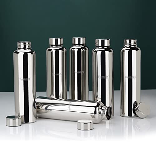 Sumeet Stainless Steel Jointless Akhand Leak-Proof Water Bottle / Fridge Bottle - 1000ML Set of 6, Silver