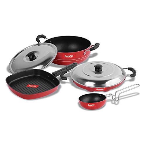 Sumeet 2.6mm Thick Non-Stick Puka Cookware Set (Kadhai with Lid – 1.5Ltr Capacity- 20cm Dia + Grill Appam Patra with Lid – 23cm Dia + Grill Pan – 1.1Ltr Capacity – 22cm Dia + Tadka Pan – 10cm Dia)