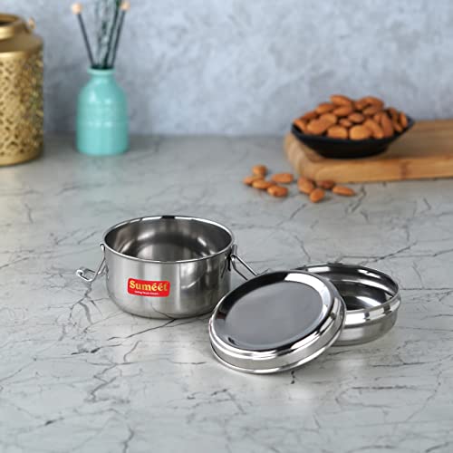 Sumeet Stainless Steel Meal Pack Lunch Box / Tiffin with Steel Separator Plate and Locking Clip, 250ML, 9.5cm Dia, Silver