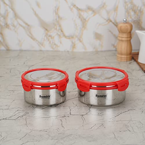 Sumeet Airtight & Leak Proof Steelexo S.S. Container/Lunch Box with Stainless Steel Lid Set Pack of 2Pc (750ML & 900ML) - Silver