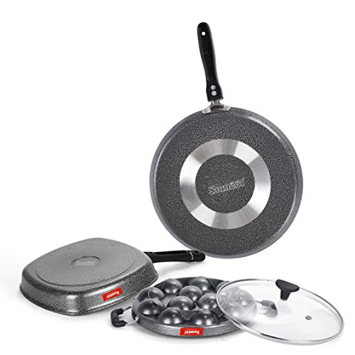 Sumeet NonStick Harmaa Cookware Set (Dosa Tawa - 26.5Cm Dia + Grill Appam Patra with Glass Lid - 12 Cavity - 22cm Dia + Grill Pan-22cm Dia)