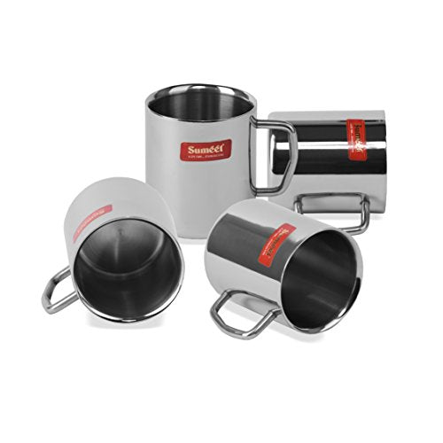 Sumeet Stainless Steel Double Wall Tea and Coffee Medium Mug Set of 4Pcs (210 Ml Each)