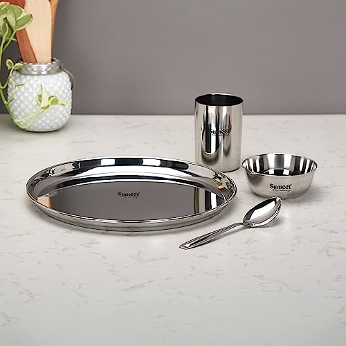 Sumeet Stainless Steel Heavy Gauge Mirror Finish Dinner Set of 4 Pcs (1 Plate, 1 Bowl/Wati, 1 Glass, 1 Spoon), Silver