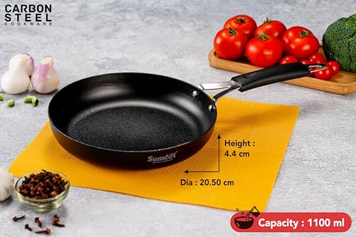 Sumeet Super Smooth Pre Seasoned Carbon Steel (Iron) Fry Pan for Frying, Roasting, Saute|Naturally Nonstick |20.5cm | 1100ml, Gas & Induction-Friendly, Black