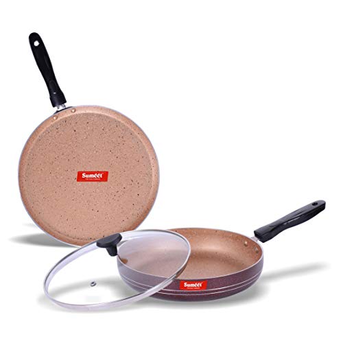 Sumeet Nonstick Granite Finish Famous 2pc Combo Set (Dosa Tawa - 26.5cm Dia + Fry Pan with Glass Lid - 1.8 LTR Capacity - 24cm Dia)
