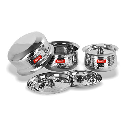 Sumeet Stainless Steel Handcrafted Hammered Texture 3 pc Induction & Gas Stove Friendly Cook and Serve Handi Set Set with Lids (Capacity -1 LTR, 1.2 LTR,1.7 LTR)