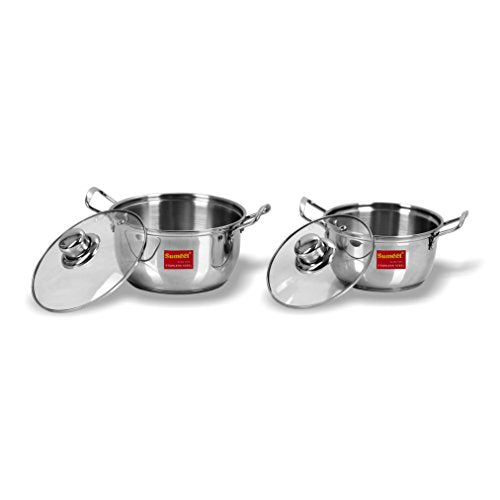 Sumeet Stainless Steel Induction Bottom (Encapsulated Bottom) Induction & Gas Stove Friendly Conical Shape Casserole Size No.14 (1 LTR) & Size No.16 (1.5 LTR)