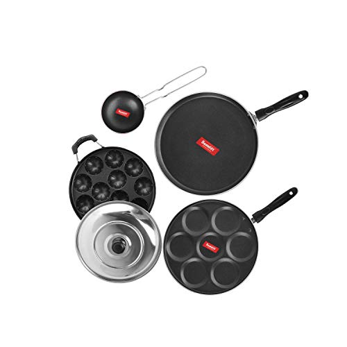 Sumeet 2.6mm Thick Non-Stick Rouge Cookware Set (Dosa Tawa – 26.5cm Dia + Multi Snack Maker – 26.5cm Dia + Grill Appam Patra with Lid – 23cm Dia + Tadka Pan – 10cm Dia)