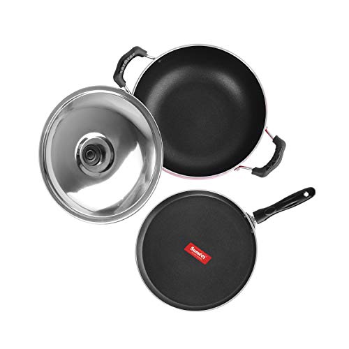 Sumeet 2.6mm Thick Non-Stick Ruby Cookware Set (Dosa Tawa – 26.5cm Dia + Kadhai with Lid – 1.5Ltr Capacity- 20cm Dia)