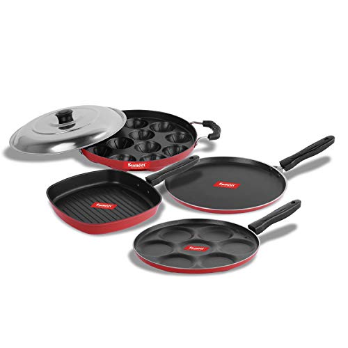 Sumeet 2.6mm Thick NonStick Sorrell Cookware Set (Dosa Tawa – 26.5cm Dia + Multi Snack Maker – 26.5cm Dia + Grill Appam Patra with Lid – 23cm Dia + Grill Pan – 1.1Ltr Capacity – 22cm Dia)