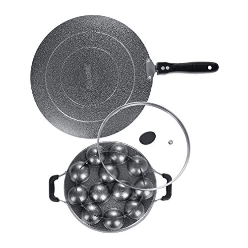 Sumeet NonStick Arian Cookware Set (Conceve/Roti Tawa - 28Cm Dia + Grill Appam Patra with Glass Lid - 12 Cavity - 22cm Dia)