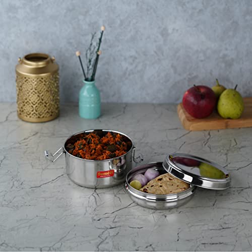 Sumeet Stainless Steel Meal Pack Lunch Box / Tiffin with Steel Separator Plate and Locking Clip, 500ML, 13cm Dia, Silver