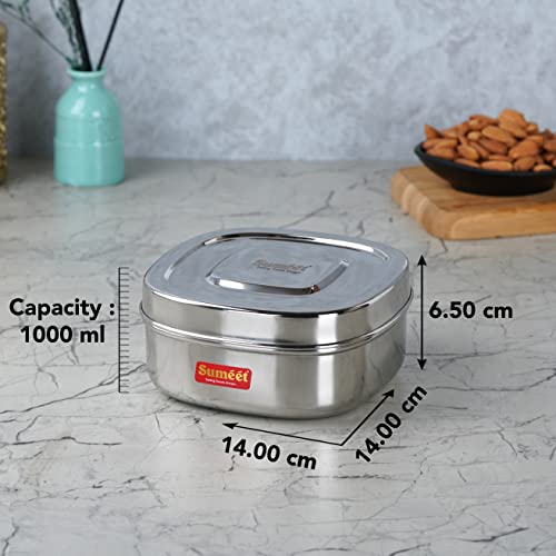 Sumeet Stainless Steel Square Storage containers Box/Dabba for Kitchen, Set of 3Pcs, 1000ml, 14cm Dia, Silver