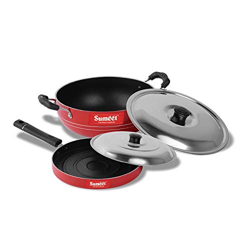 Sumeet 2.6mm Thick Non-Stick Sangria Cookware Set (Kadhai with Lid – 1.5Ltr Capacity- 20cm Dia + Pizza Pan – 23cm Dia)