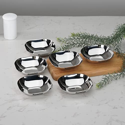Sumeet Stainless Steel Small Apple Square Shape Plate/Dessert Plate/Halwa Plate Set of 6pcs, 9cm Dia, 120ML Each - Silver