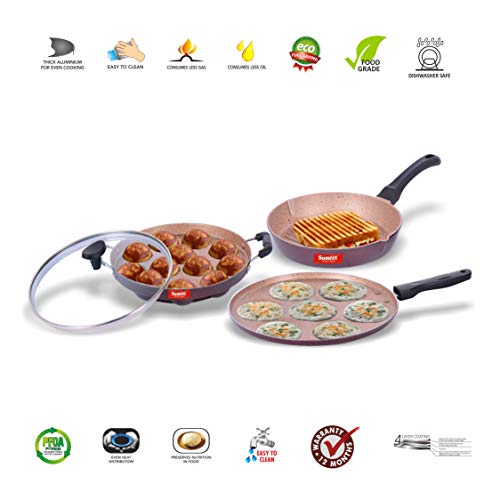 Sumeet Nonstick Granite Finish Ideal cookware Set (Round Grill Pan 25.5cm Dia + Grill Appam Patra with Glass Lid - 12 Cavity - 23cm Dia + Multi Snack Maker - 7 Cavity - 26.5cm Dia)