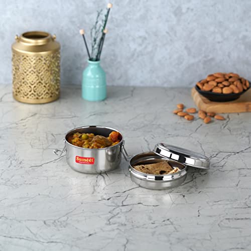 Sumeet Stainless Steel Meal Pack Lunch Box / Tiffin with Steel Separator Plate and Locking Clip, 250ML, 9.5cm Dia, Silver