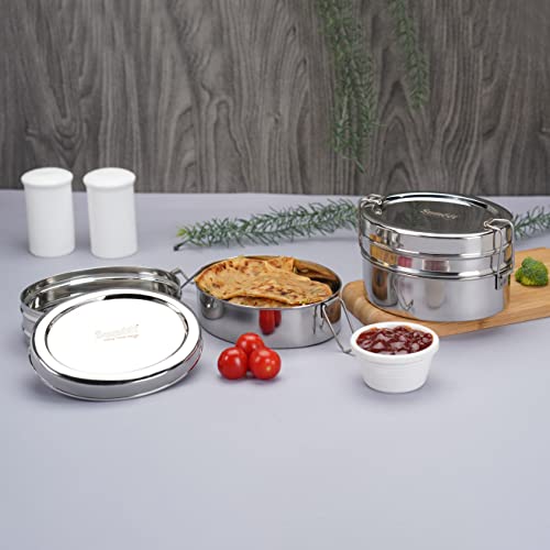 Sumeet Stainless Steel Oval Lunch Box/Tiffin with 2 Compartments and Locking Clip, Set of 2 Pcs, 800ML Each, Ideal for 2 Person - Silver