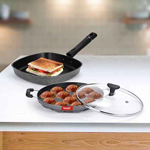 Sumeet NonStick Imvi Cookware Set (Grill Appam Patra with Glass Lid - 12 Cavity - 22cm Dia + Grill Pan-22cm Dia)