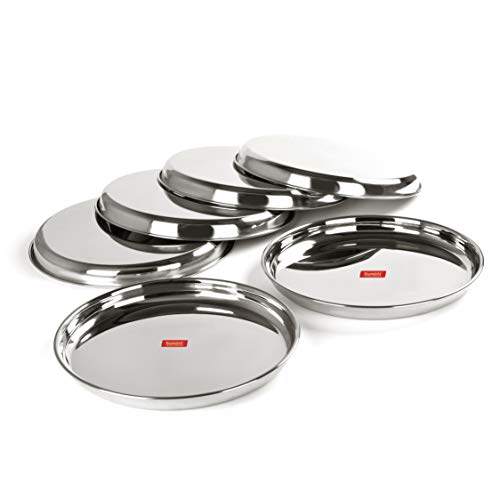 Sumeet Stainless Steel Heavy Gauge Deep Wall Dinner Plates with Mirror Finish 33.7cm Dia - Set of 6pc