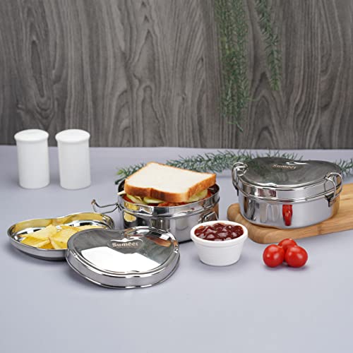 Sumeet Stainless Steel Apple Lunch Box/Tiffin with Steel Separator Plate and Locking Clip Set of 2 Pcs, 650ML Each, Ideal for 2 Persons - Silver