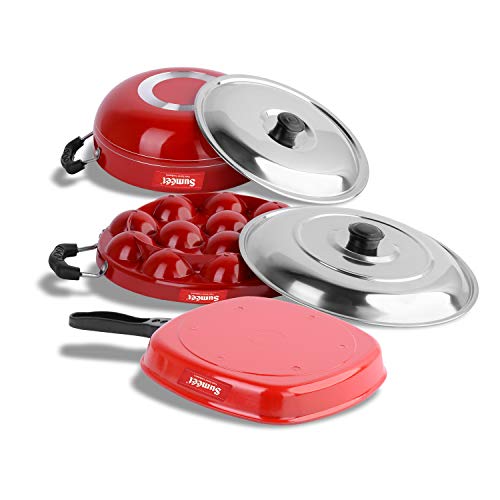 Sumeet 2.6mm Thick Non-Stick Jasper Combo Set (Kadhai with Lid – 1.5Ltr Capacity- 20cm Dia + Grill Appam Patra with Lid – 23cm Dia + Grill Pan – 1.1Ltr Capacity – 22cm Dia)