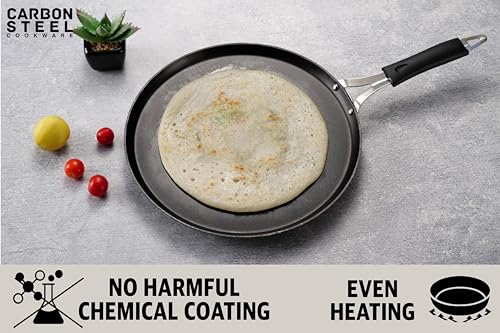 Sumeet Super Smooth Pre Seasoned Carbon Steel (Iron) Flat Tawa for Dosa, Uttappa, Chapati, Roti|Naturally Nonstick |29.5cm, Gas & Induction-Friendly, Black