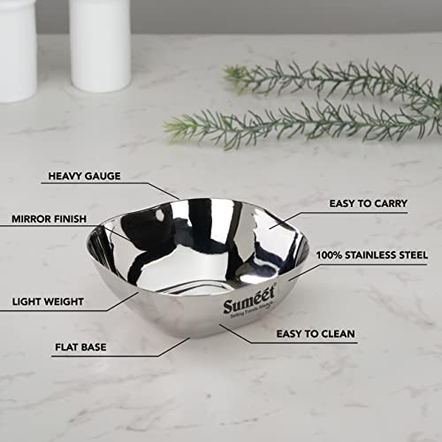 Sumeet Heavy Gauge Stainless Steel Apple Square Bowl/Wati/Katori with Mirror Finish – 9.5cm Dia, Set of 6pc, 200ML Each - Silver