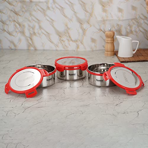 Sumeet Airtight & Leak Proof Steelexo S.S. Container/Lunch Box with Stainless Steel Lid Set Pack of 3Pcs (900ML, 14.5CM) - Silver