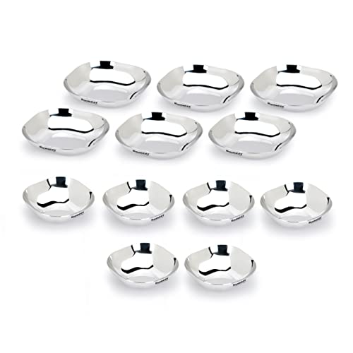 Sumeet Stainless Steel Small Apple Square Shape Plate/Dessert Plate/Halwa Plate Combo Set of 12pcs, 9cm & 10.5cm Dia, 120ML & 170ML (Each 6pcs) - Silver