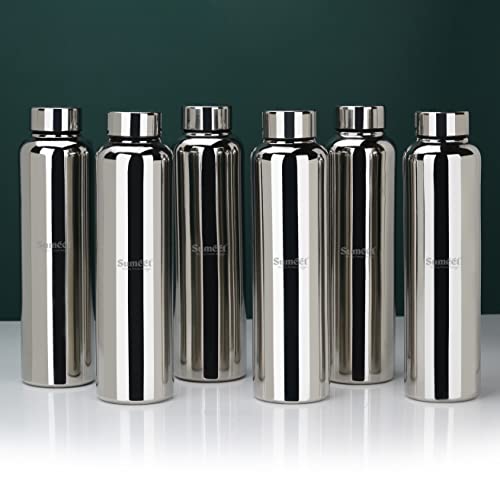 Sumeet Stainless Steel Jointless Akhand Leak-Proof Water Bottle / Fridge Bottle - 1000ML Set of 6, Silver