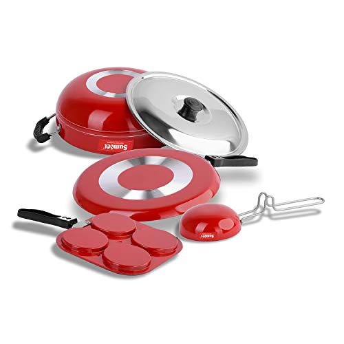 Sumeet 2.6mm Thick Non-Stick Rudh Cookware Set (Dosa Tawa – 26.5cm Dia + Mini Multi Snack Maker – 19.5cm Dia + Kadhai with Lid – 1.5Ltr Capacity- 20cm Dia + Tadka Pan – 10cm Dia)