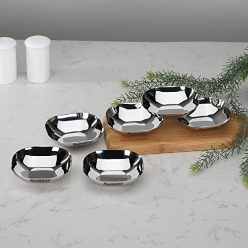 Sumeet Stainless Steel Small Apple Square Shape Plate/Dessert Plate/Halwa Plate Set of 6pcs, 8cm Dia, 90ML Each - Silver