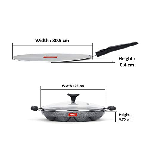 Sumeet NonStick Salapi Cookware Set (Flat Tawa - 30.5cm Dia + Grill Appam Patra with Glass Lid - 12 Cavity - 22cm Dia)