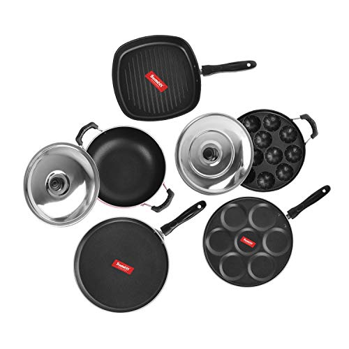Sumeet 2.6mm Thick Non-Stick Rubrum Cookware Set (Dosa Tawa – 26.5cm Dia + Multi Snack Maker – 26.5cm Dia + Kadhai with Lid – 1.5Ltr + Grill Appam Patra with Lid – 23cm Dia + Grill Pan – 1.1Ltr)