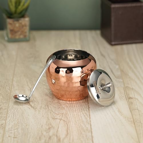 Sumeet Stainless Steel Copper Coated Handcrafted Hammered Ghee and Oil Pot, Storage Container with Spoon for Kitchen and Pooja, 7.5cm Dia, 220ML - Silver (Pack of 1)