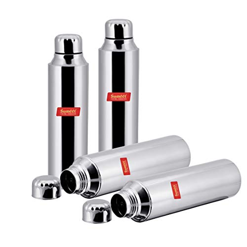 Sumeet Stainless Steel Airtight and Leak Proof Fridge Water Bottle 1 Litre, Set of 4pc
