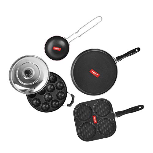 Sumeet 2.6mm Thick Non-Stick Kelp Cookware Set (Dosa Tawa – 26.5cm Dia + Mini Multi Snack Maker – 19.5cm Dia + Grill Appam Patra with Lid – 23cm Dia + Tadka Pan – 10cm Dia)