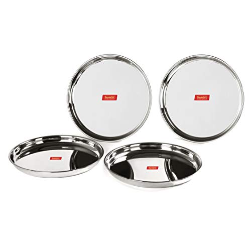 Sumeet Stainless Steel Heavy Gauge Deep Wall Dinner Plates with Mirror Finish 31.3cm Dia - Set of 4pc