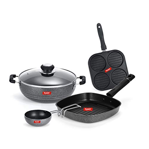 Sumeet NonStick Fekete Cookware Set (Mini Multi Snack Maker - 4 Cavity -19.5cm + Kadhai with Glass Lid -2Ltr - 22Cm Dia + Grill Pan-22cm Dia + Waghariya/Tadka pan - 190Ml - 10Cm Dia)
