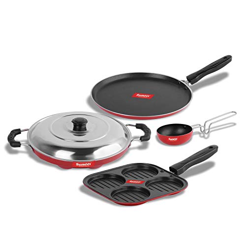 Sumeet 2.6mm Thick Non-Stick Kelp Cookware Set (Dosa Tawa – 26.5cm Dia + Mini Multi Snack Maker – 19.5cm Dia + Grill Appam Patra with Lid – 23cm Dia + Tadka Pan – 10cm Dia)