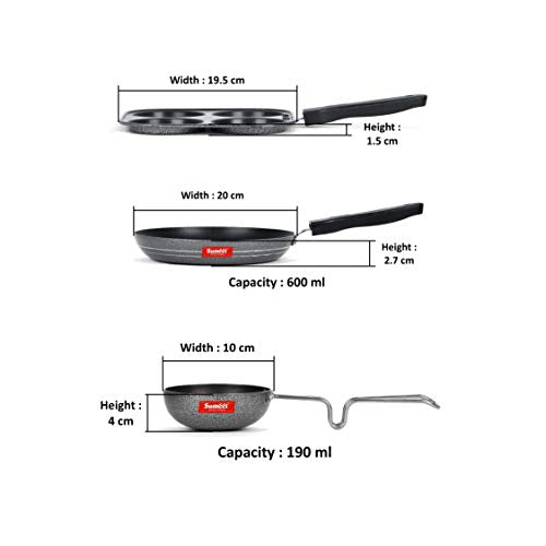 Sumeet NonStick Kul Rang Cookware Set (Mini Multi Snack Maker - 4 Cavity -19.5cm + Tapper pan - 0.6Ltr - 20Cm Dia + Waghariya/Tadka pan - 190Ml - 10Cm Dia)