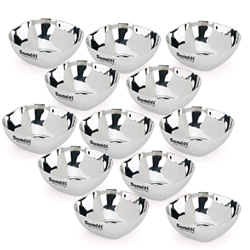 Sumeet Heavy Gauge Stainless Steel Apple Square Bowl/Wati/Katori with Mirror Finish – 9.5cm Dia, Set of 12pc, 200ML Each - Silver