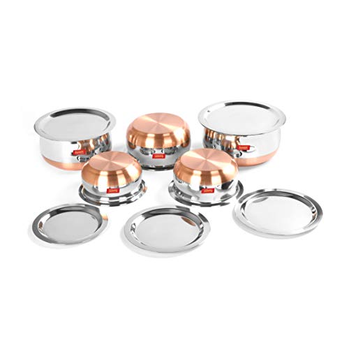 Sumeet Stainless Steel Copper Bottom Belly Shape 5 Pc Tope / Cookware/ Pot Set with Lid 380ML, 500ML, 780ML, 1.1Ltr, 1.4Ltr, (Silver)